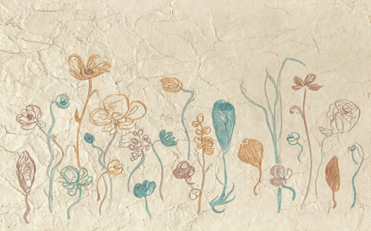Outlined flowers in teal and rust on textured cream
