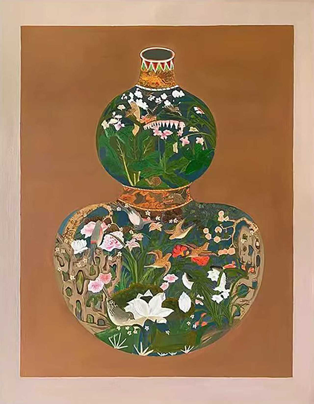 A double-gourd vase painted with garden flowers on a copper ground