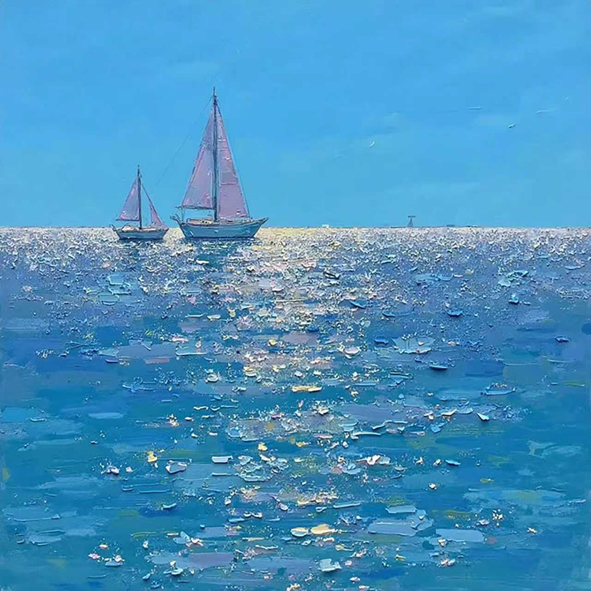 Two sailboats on a sparkling deep-blue sea under a clear sky