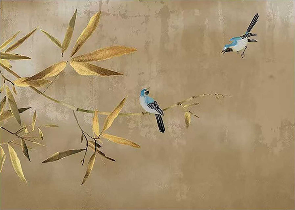 Two blue birds among gold bamboo leaves on taupe