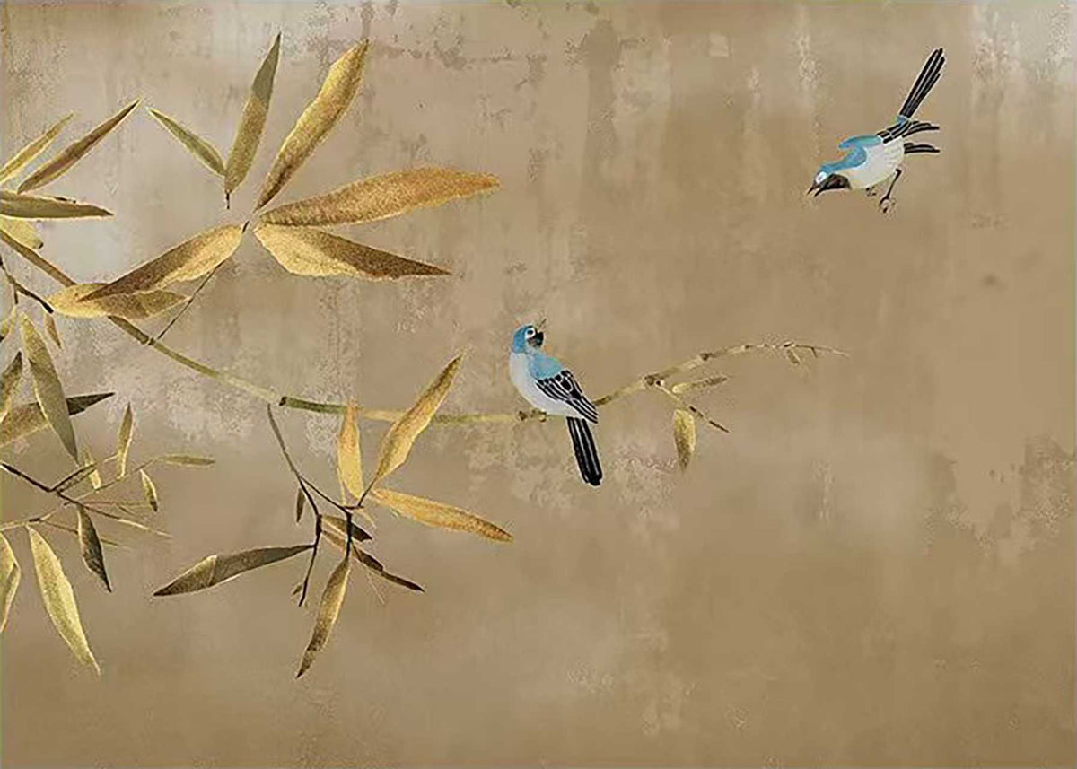 Two blue birds among gold bamboo leaves on taupe