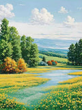 A winding stream through a yellow-flowered meadow lined with green trees