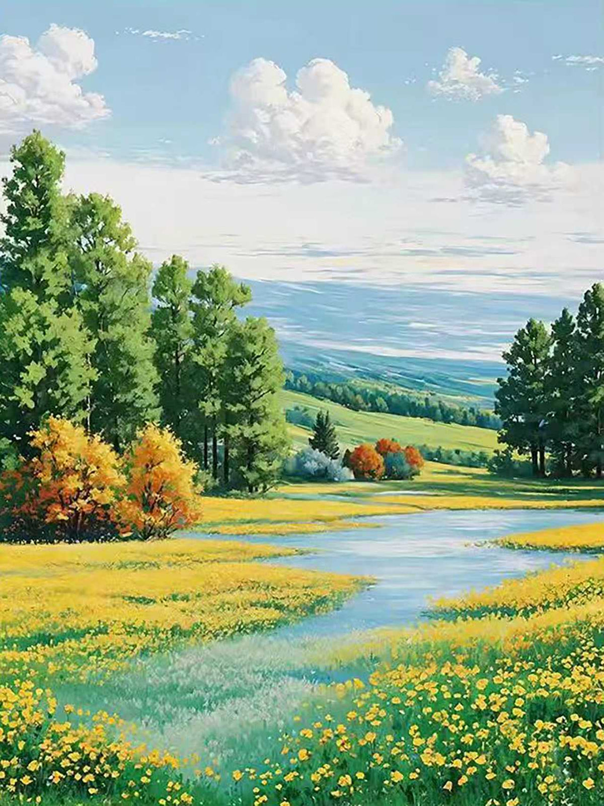 A winding stream through a yellow-flowered meadow lined with green trees