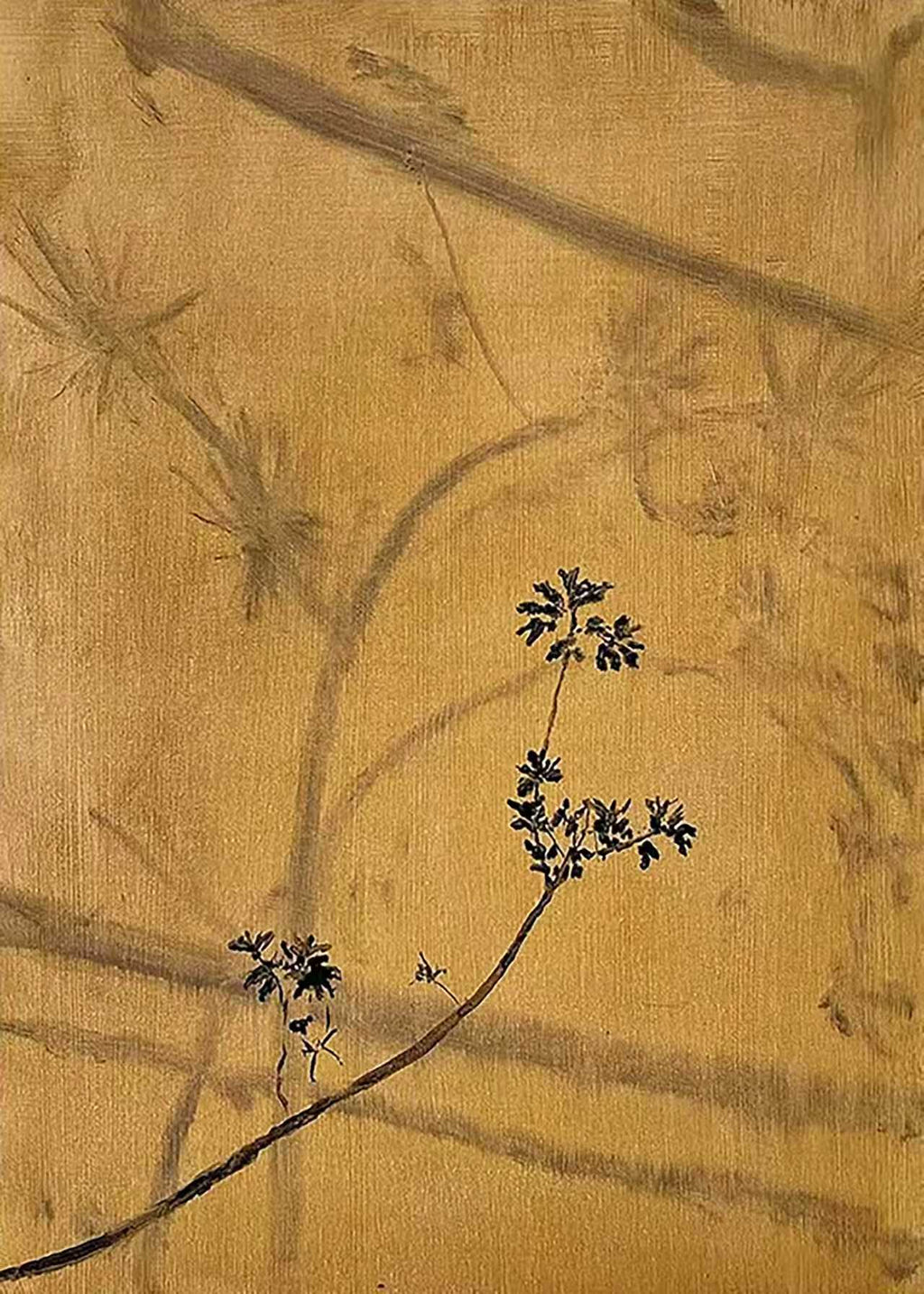 A dark ink sprig over faded gold leaves