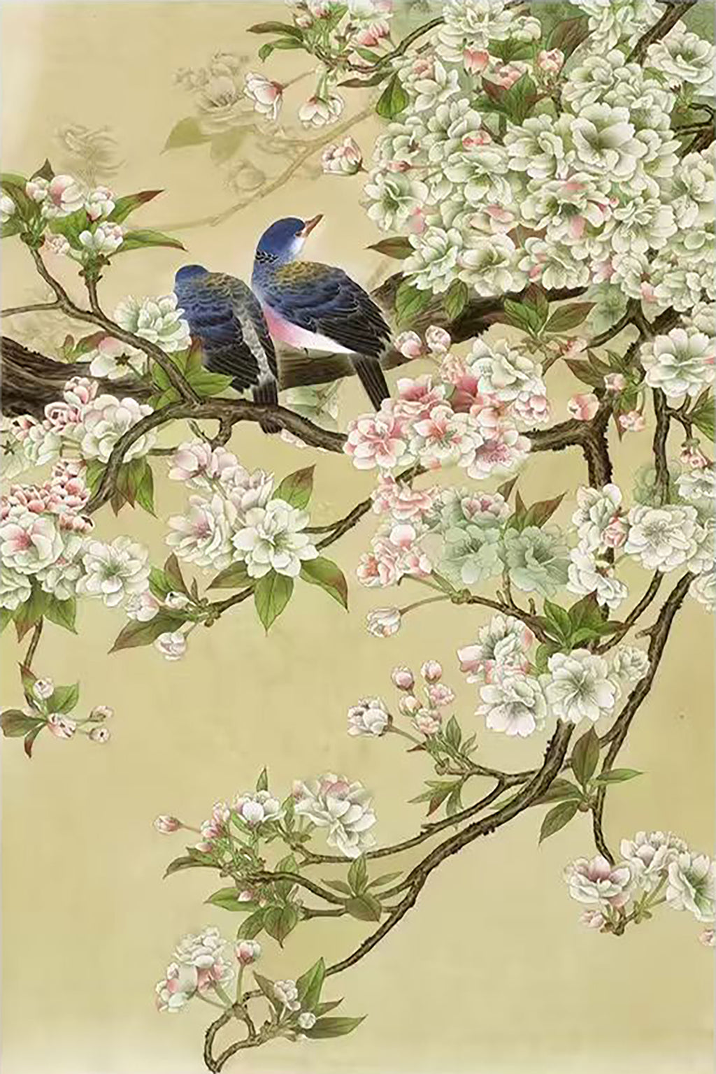 Two blue birds among white and pink blossoms on cream