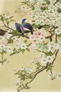 Two blue birds among white and pink blossoms on cream