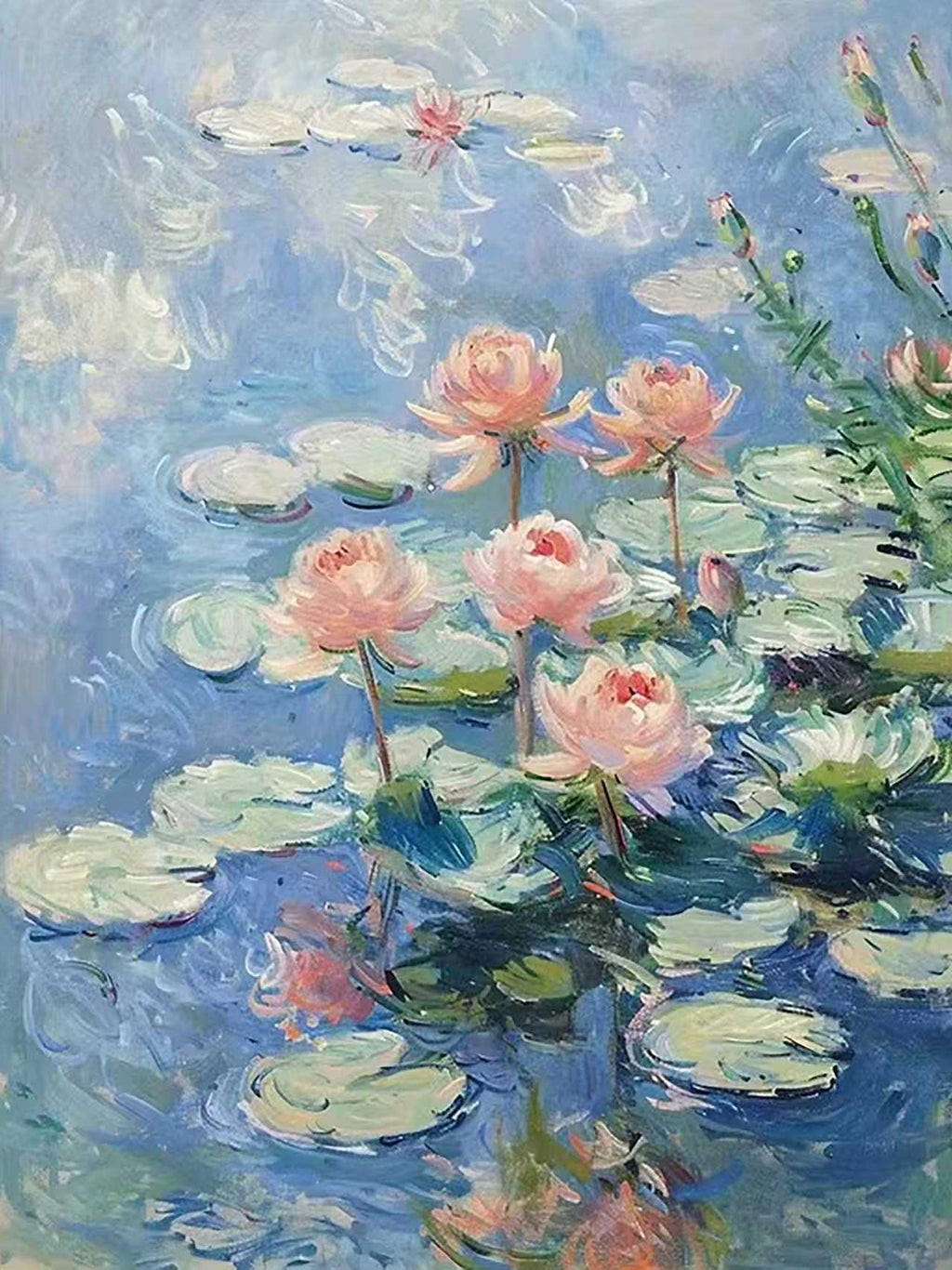Pink water lilies and pads on rippling blue water