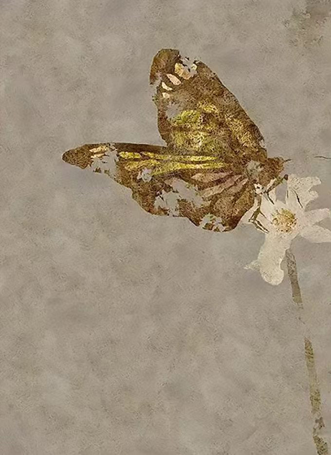 A gold-leaf butterfly and white flower on soft grey