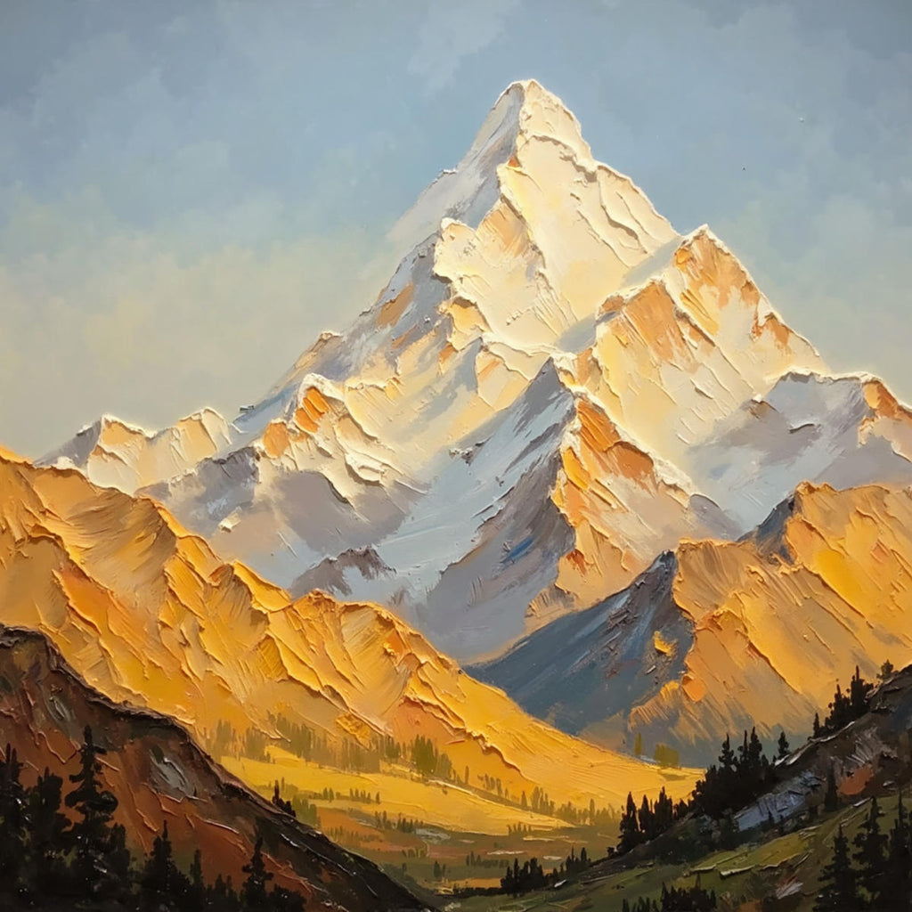 A snowy peak glowing gold above forested foothills