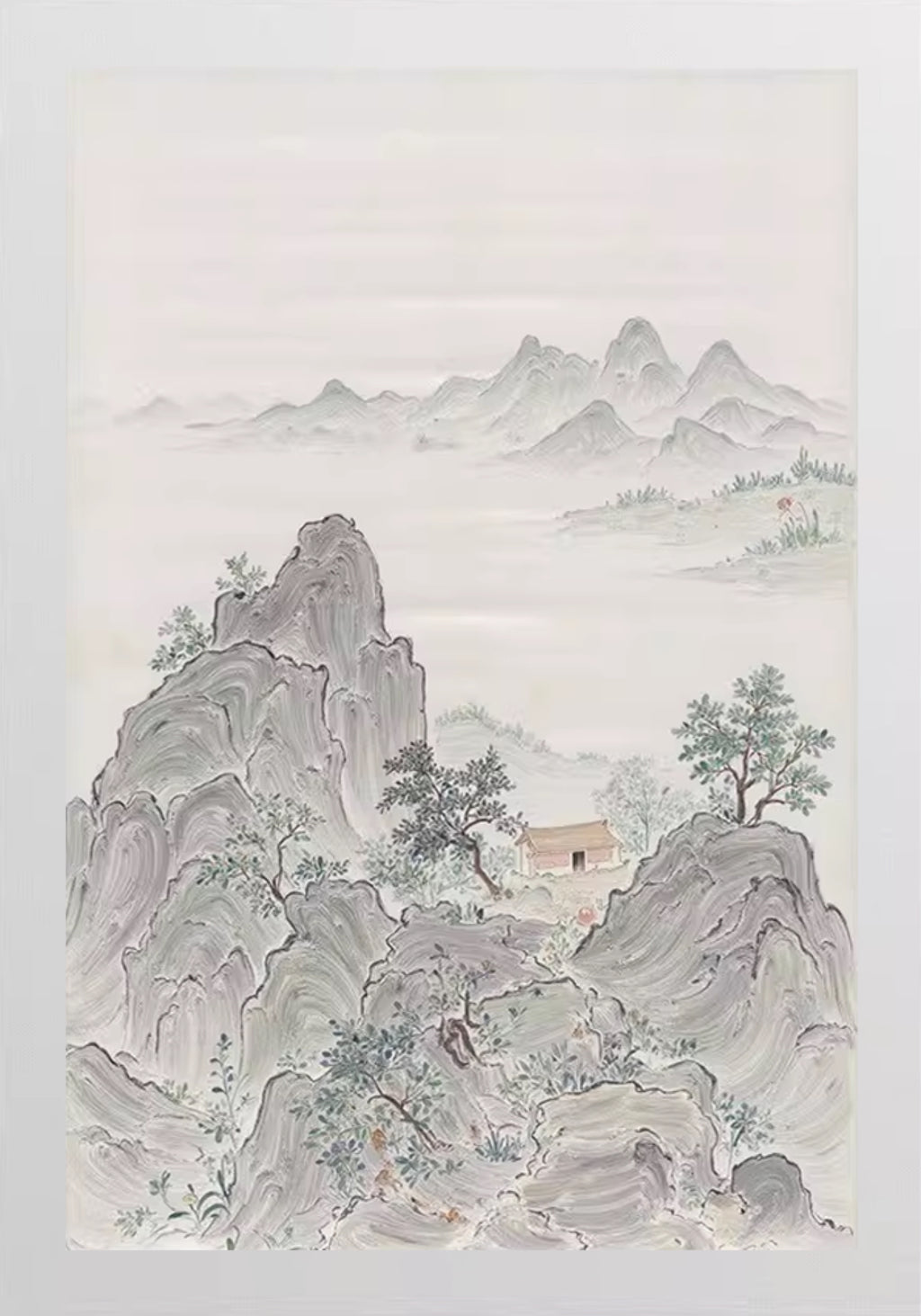 Grey ink mountains with small trees fading into mist