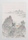 Grey ink mountains with small trees fading into mist