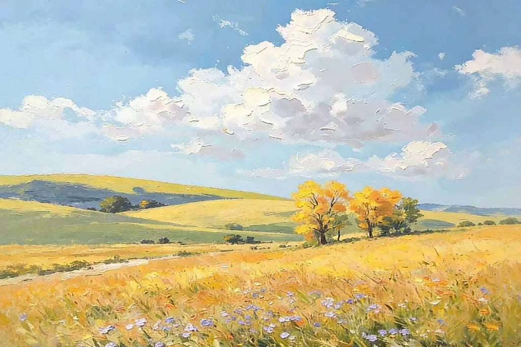 A golden meadow with a few trees beneath fluffy clouds