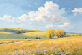 A golden meadow with a few trees beneath fluffy clouds