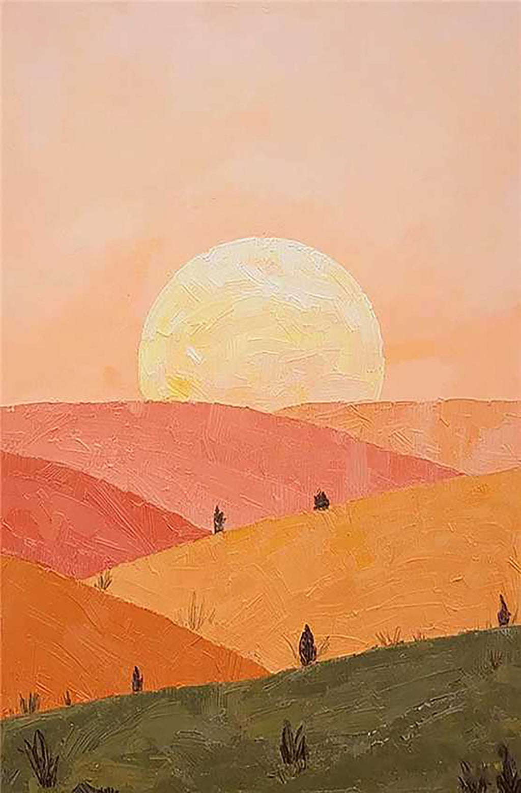A pale sun above rolling peach and coral hills