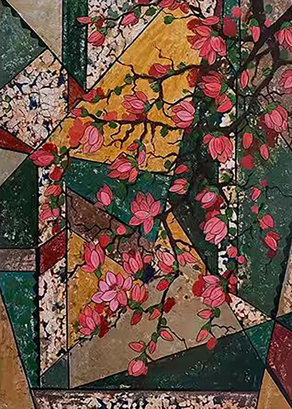 Pink blossoms over fractured green and gold glass shapes