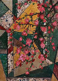 Pink blossoms over fractured green and gold glass shapes