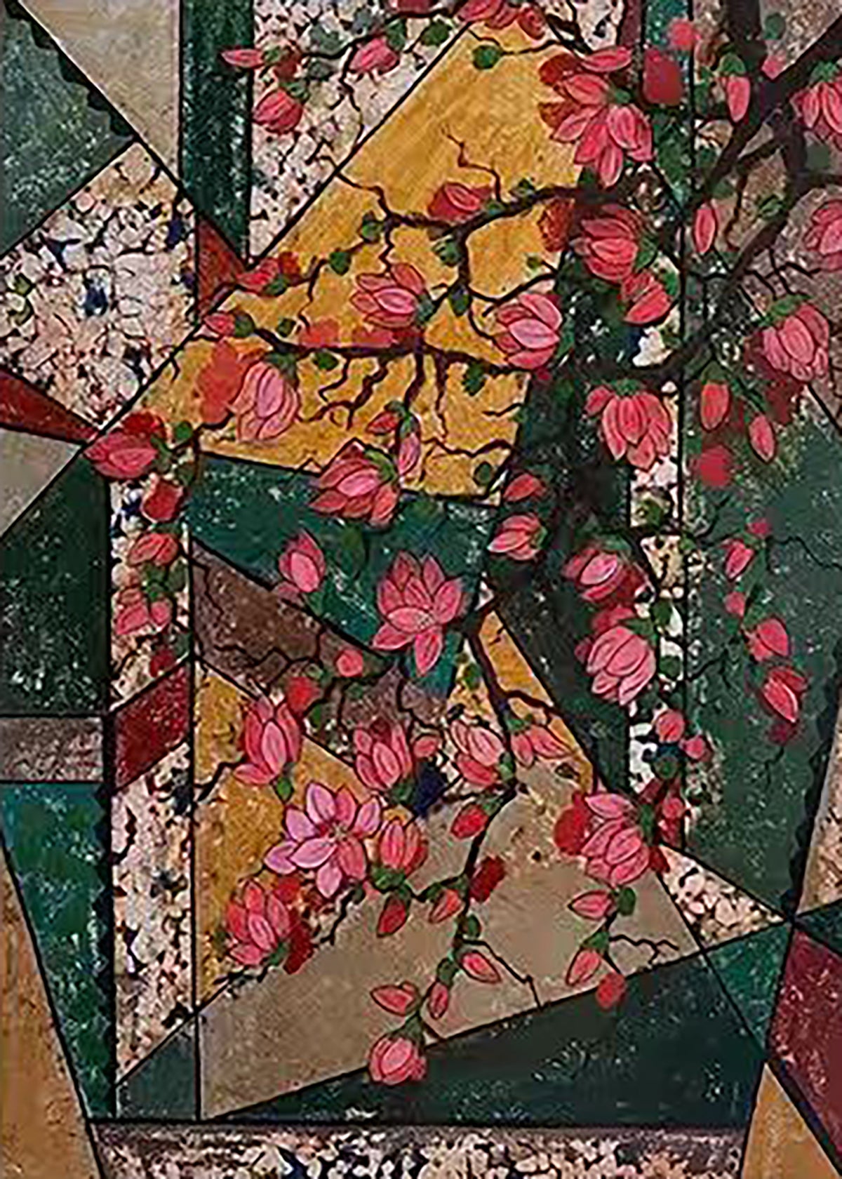 Pink blossoms over fractured green and gold glass shapes