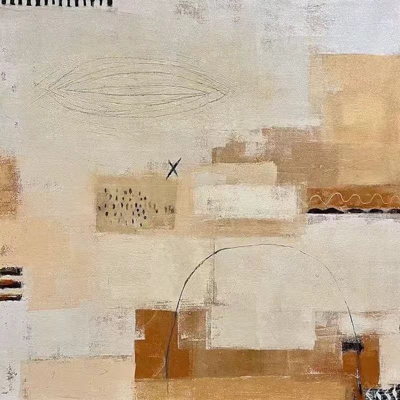 Squares of ochre and cream with sketched marks
