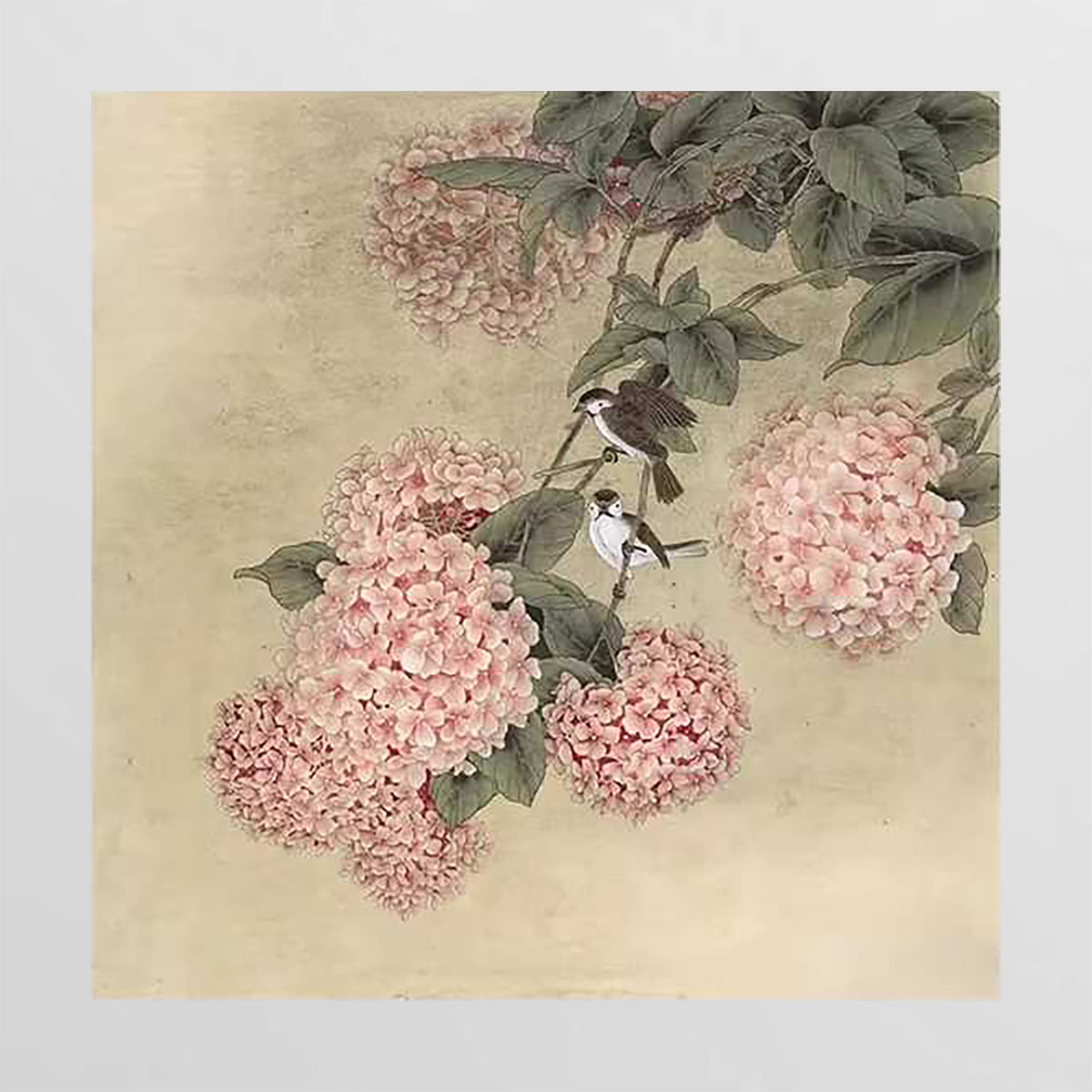 Small birds among pink hydrangea and leaves on cream