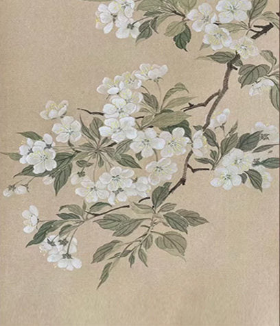 A branch of white pear blossoms on warm beige
