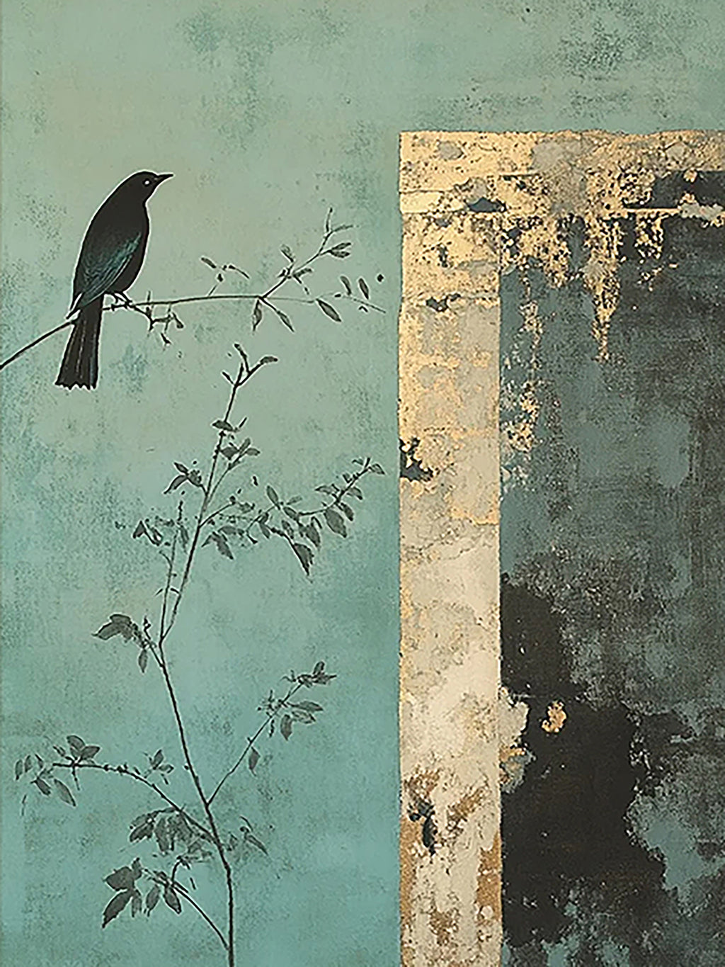 A blackbird on a twig beside a weathered gold panel on teal
