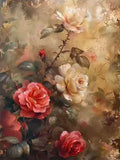 Red and cream roses glowing in warm, smoky antique tones