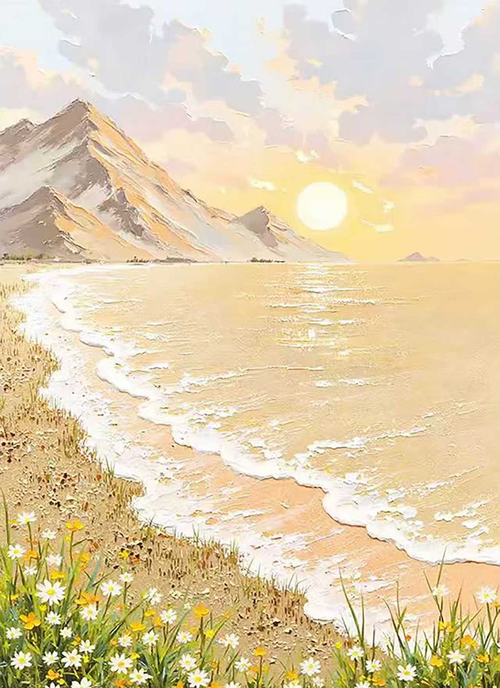 A sun setting over a warm sea with daisies on the sand