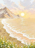 A sun setting over a warm sea with daisies on the sand