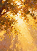 Golden light streaming through glowing autumn trees