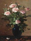 Pink roses with leaves in a dark vase on a brown table