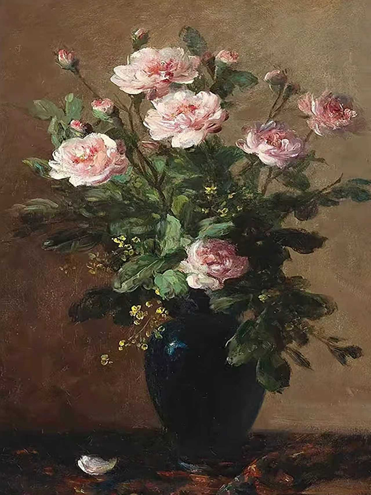Pink roses with leaves in a dark vase on a brown table