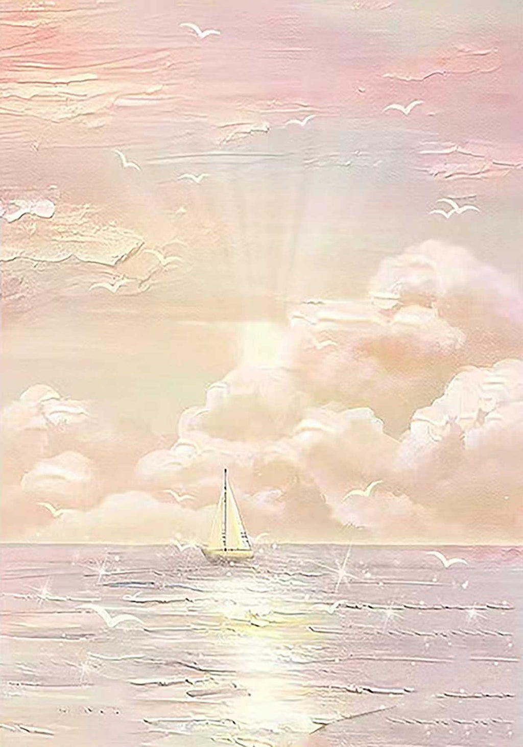 A small sailboat beneath glowing pink clouds and sun rays