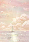 A small sailboat beneath glowing pink clouds and sun rays