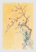 A blossoming plum tree and rock on soft yellow silk