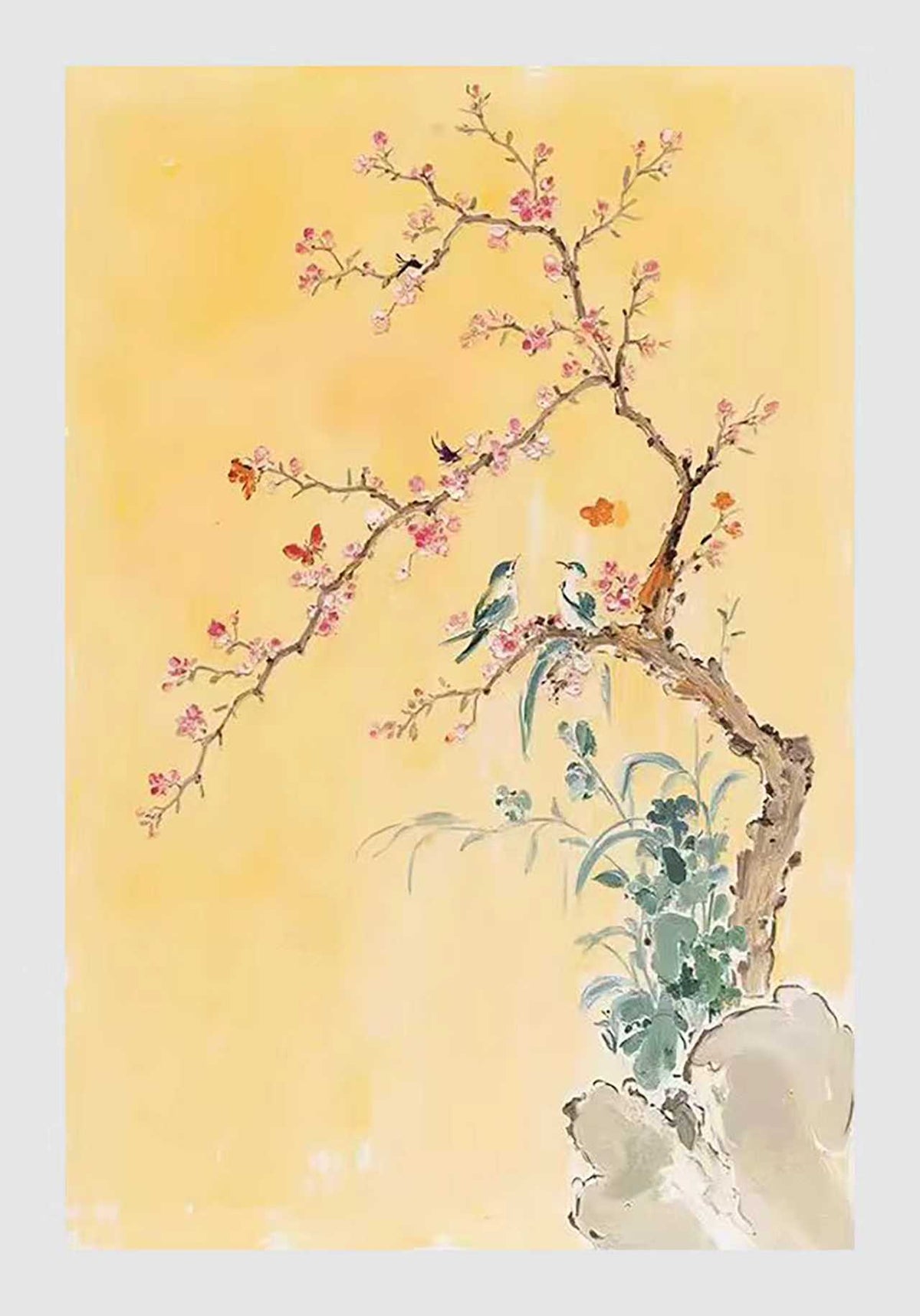A blossoming plum tree and rock on soft yellow silk