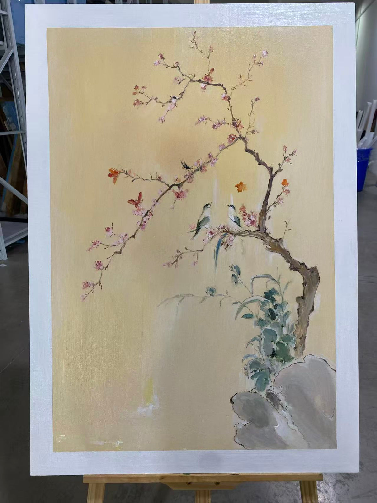 Blossom Tree and Rock on Yellow