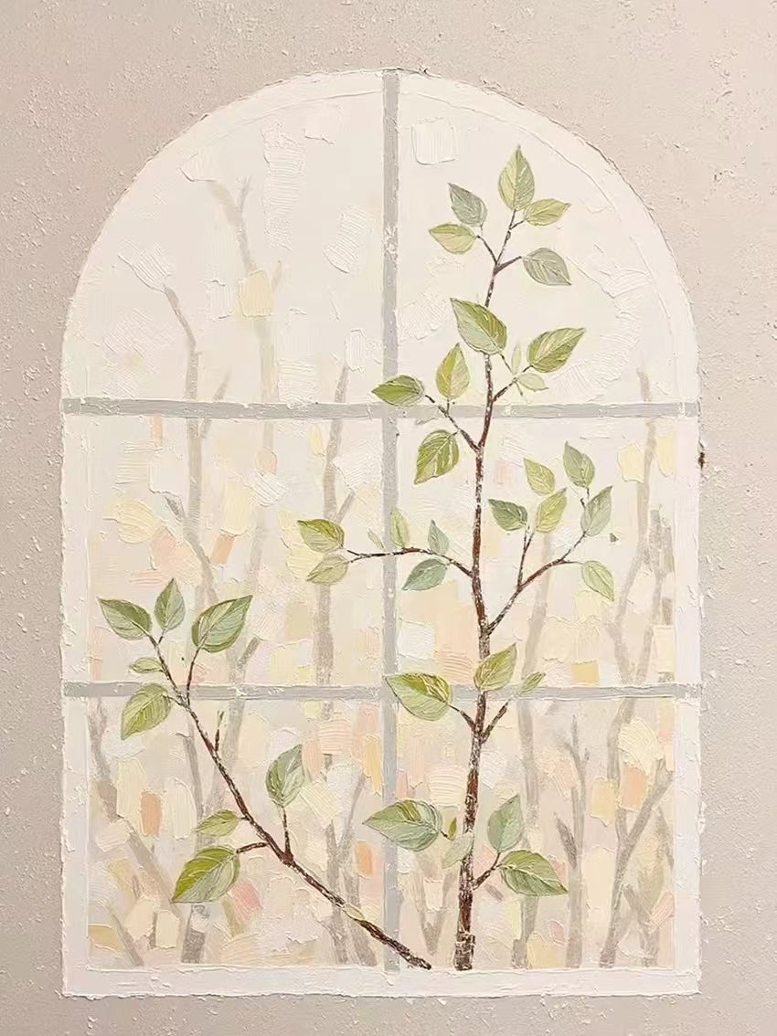 A green sapling growing before an arched window on blush