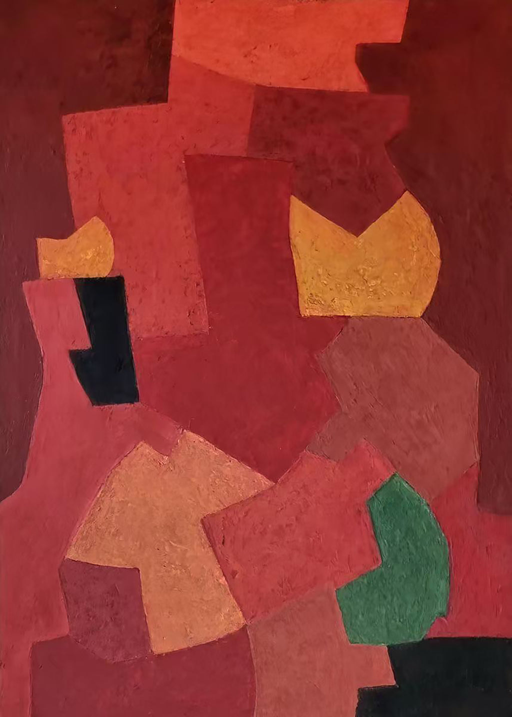 Overlapping patches of red, coral, orange and green