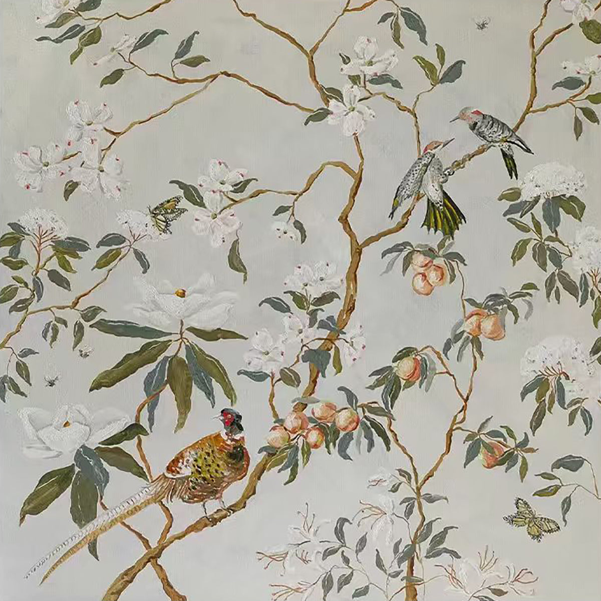 A pheasant and small birds in a fruiting tree on pale grey