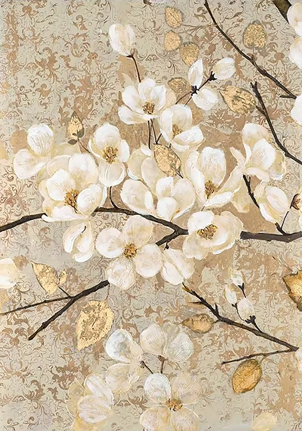 White magnolias on dark branches over textured gold
