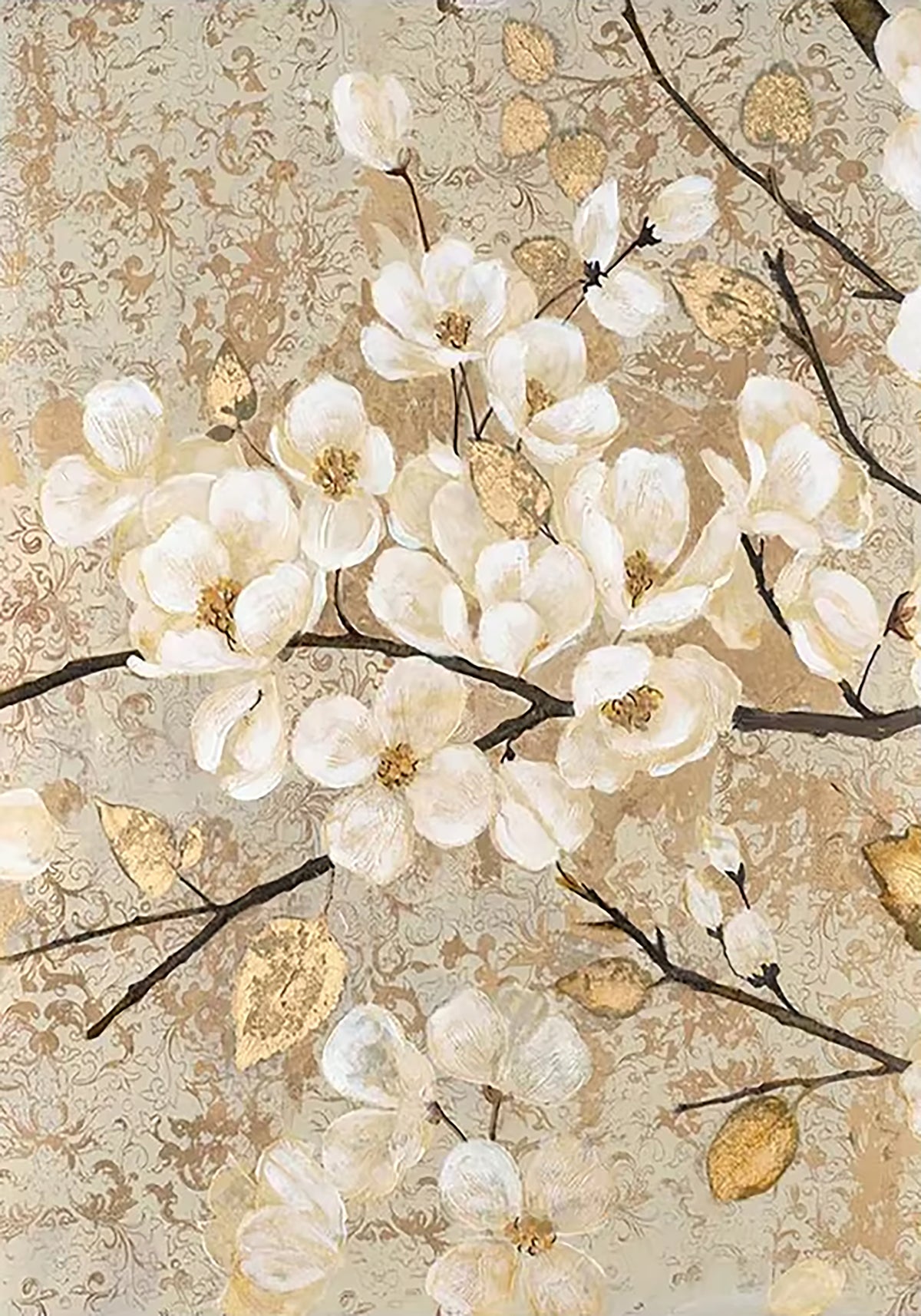 White magnolias on dark branches over textured gold