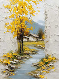 A yellow tree beside a cottage and stream between white walls