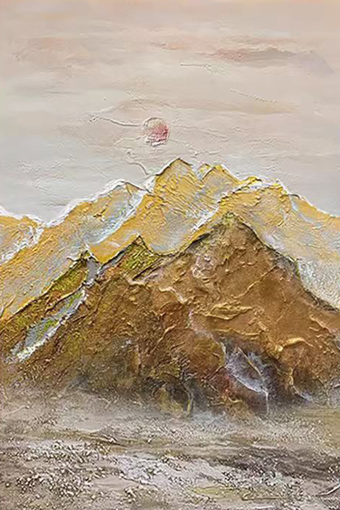 A bronze mountain ridge under a small red sun