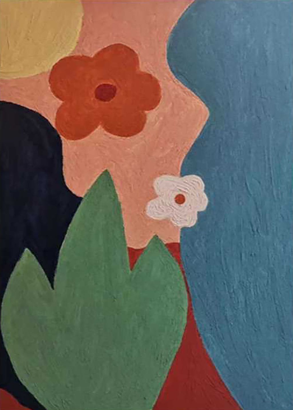A red flower and green leaf among coral and blue shapes