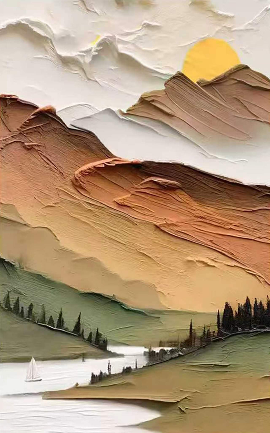 Carved brown and green hills with a river and setting sun