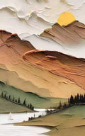 Carved brown and green hills with a river and setting sun