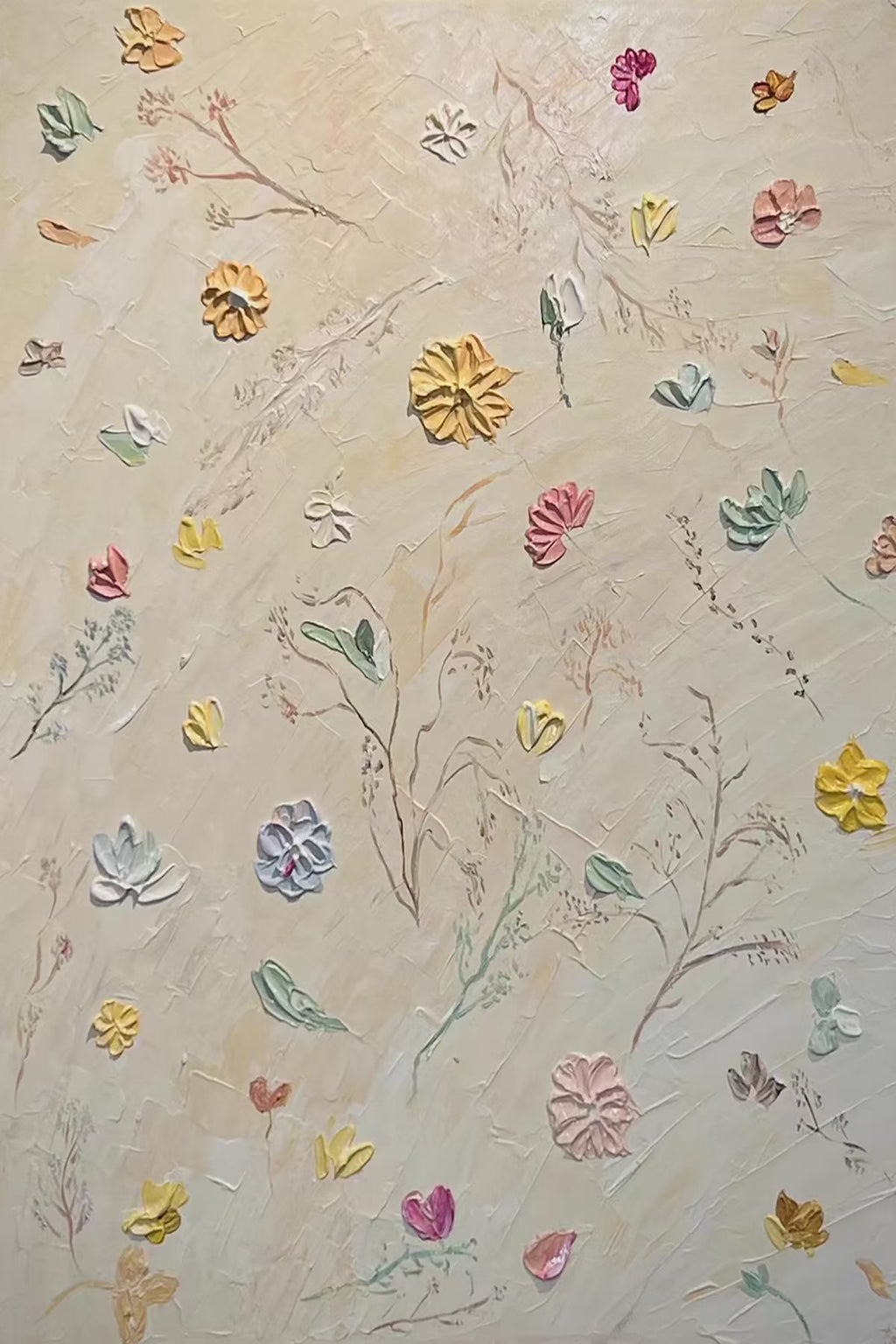Tiny sculpted flowers scattered over cream