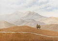 Two small trees on golden hills before misty mountains