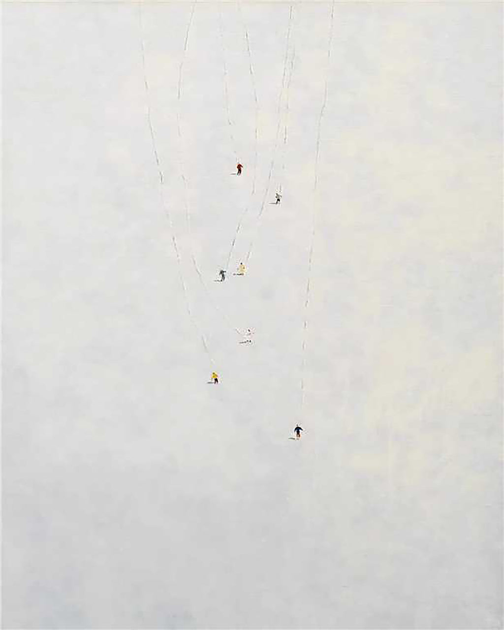 Tiny figures climbing fine ropes across a pale white field