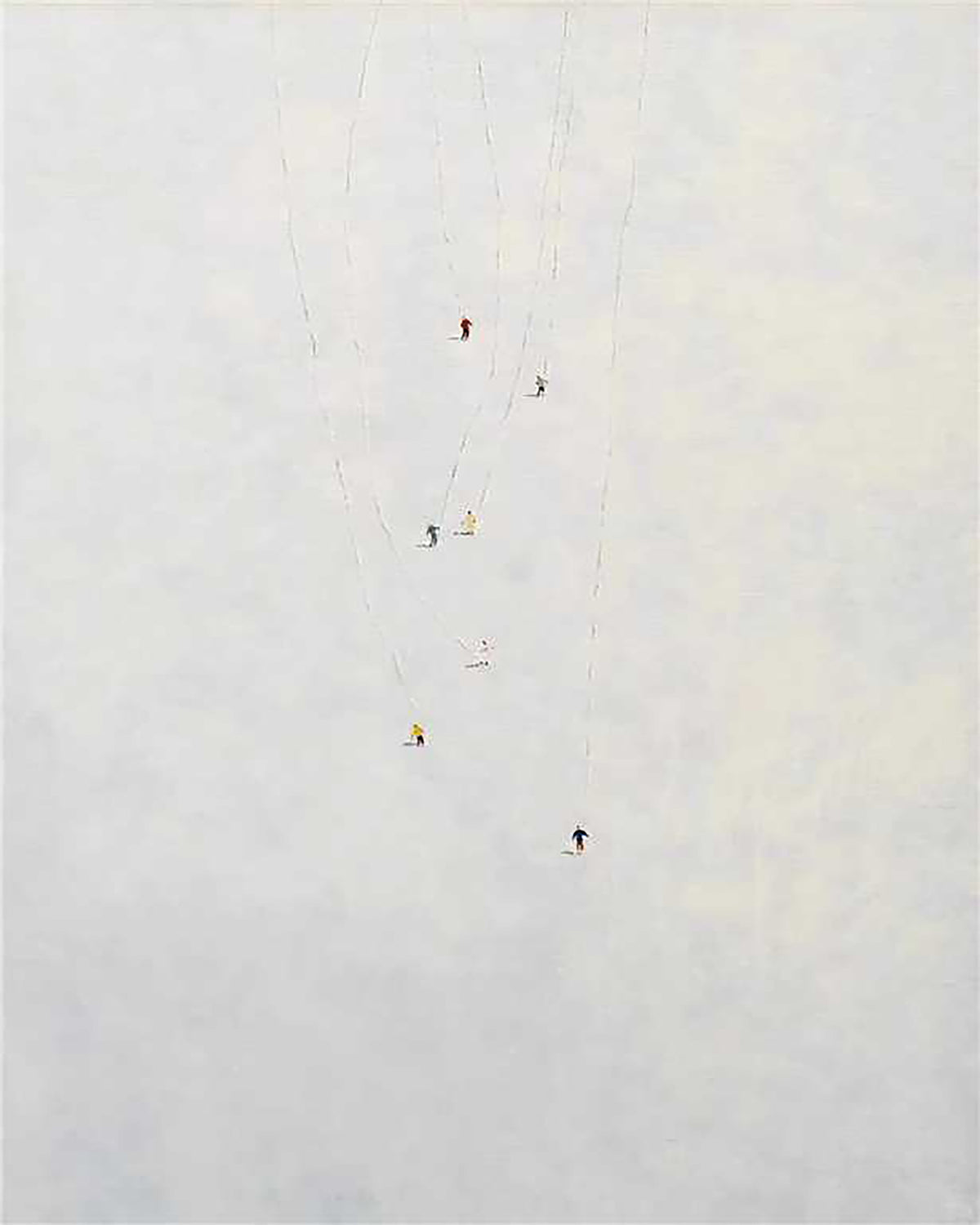 Tiny figures climbing fine ropes across a pale white field